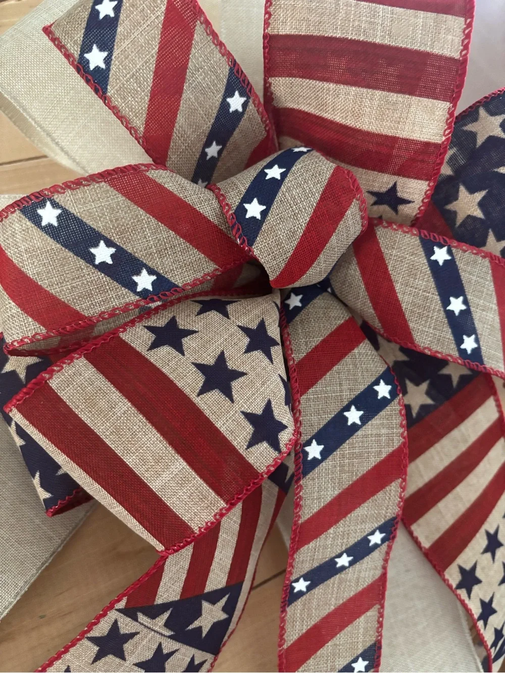 Hand Crafted Patriotic Red, Blue, Cream Burlap Bow Wreath Accent